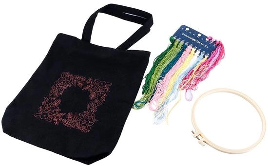 Pacchetto di Cucito per Principianti - Set di Cucito per Borse in Lino - Cucito a Maglia 20 cm - Filo da Cucito - Progetto con Fiori - Incluso Attrezzatura - Pacchetto di Cucito Completo