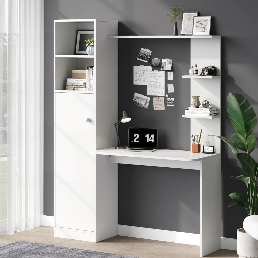 Scrivania multifunzione con armadietto e ripiani, design moderno, 123,5 x 45 x 168,5 cm, bianco