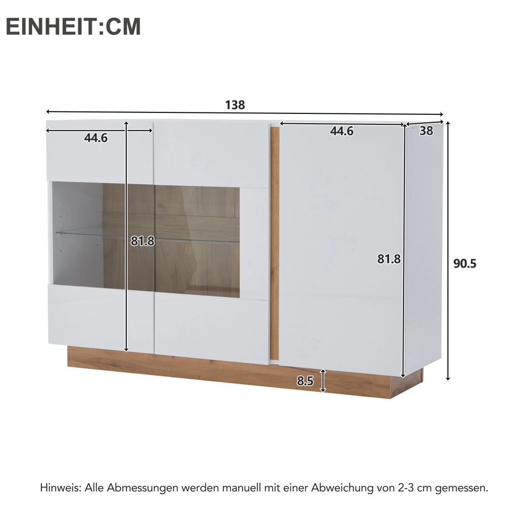 Credenza con 3 ante; illuminazione LED e inserti in vetro - 138x38.5x90.5 cm - bianco