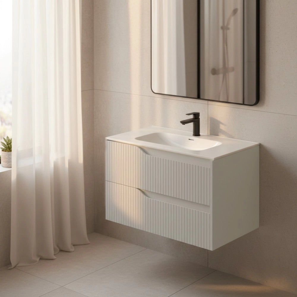 Mobile bagno sospeso Soho colore cashmere opaco con cassetti effetto cannettato 80x45x50H
