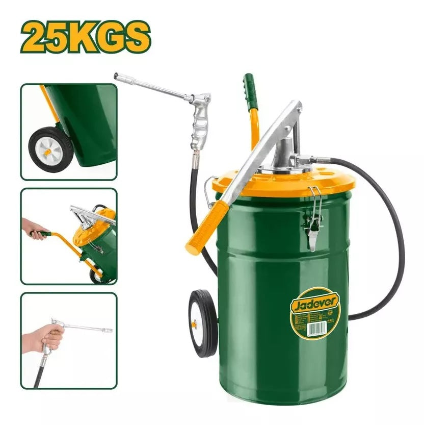 Ingrassatore Manuale Pneumatico con Fusto da 25kg in Acciaio e Ruote, Compressore a Leva per Grasso, Pistola Ingrassatri