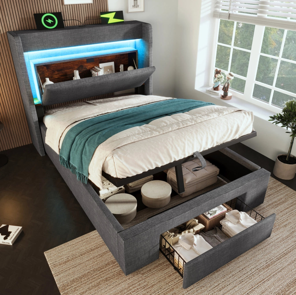Letto imbottito 90x200 cm con contenitore idraulico; LED; USB e USB C; lino grigio