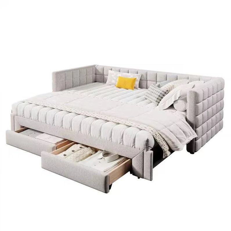 Daybed trasformabile in velluto beige con 2 cassetti 90x200 cm