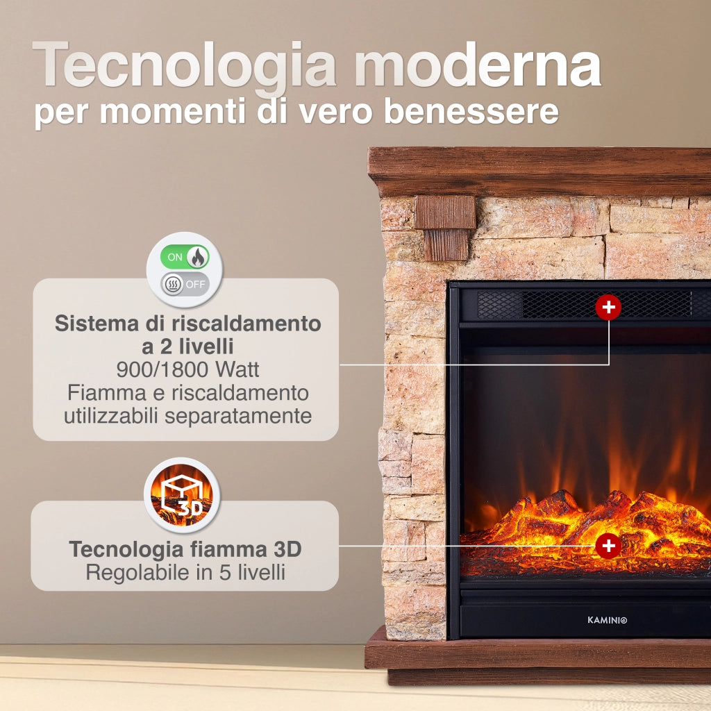 KAMINIO Camino elettrico JUAN - Camino elettrico da appoggio effetto pietra con riscaldamento, effetto fiamma 3D, telecomando - Beige