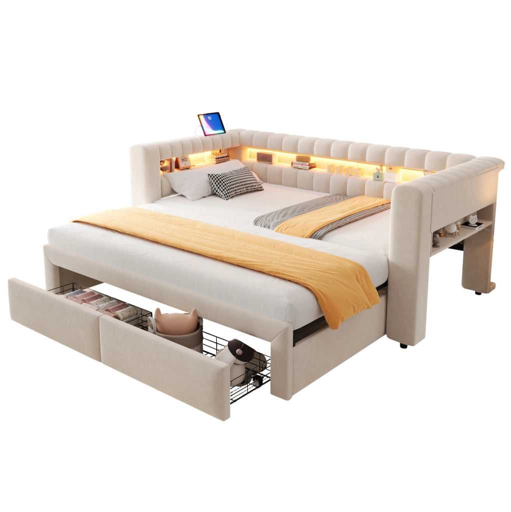 Divano letto imbottito 90x190 cm estensibile 180x190 cm con cassetti; LED; USB e Type-C; beige
