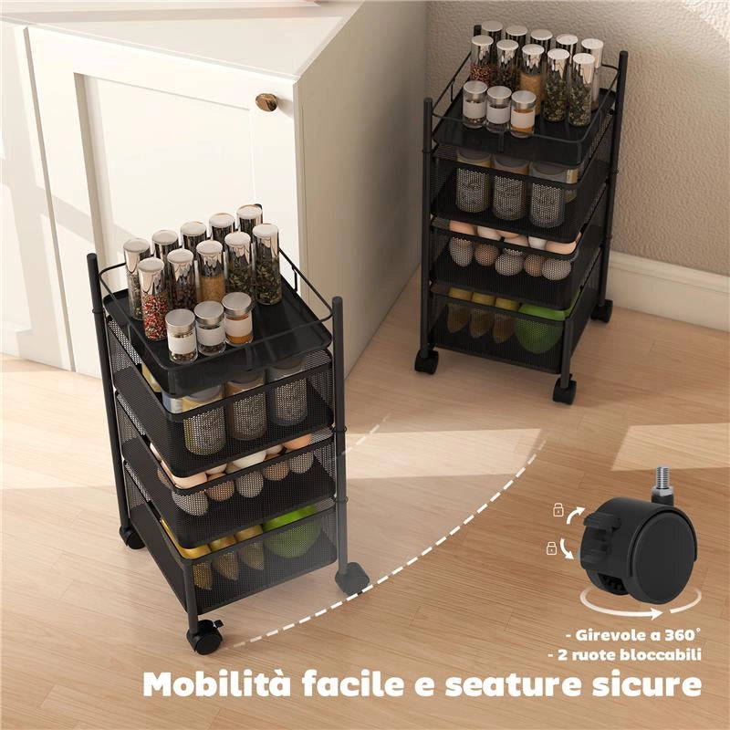 CARRELLO CUCINA A 3 LIVELLI CON CESTINI IN METALLO GIREVOLI, RUOTE E FRENO, 27.5X27.5X62 CM, NERO