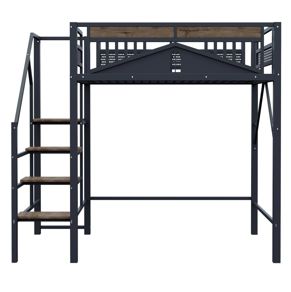 Letto a soppalco 140x200 cm con scala di sicurezza e spazio contenitore in metallo e legno nero