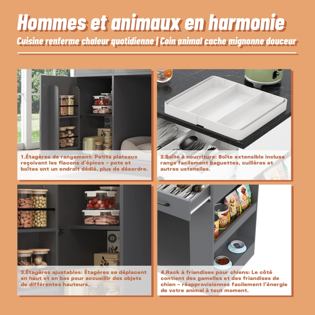 Carrello da Cucina con 3 Cassetti; Portaspezie; Ripiano Regolabile e Vano per Animale; in MDF; 120x60x90 cm; Grigio e Naturale