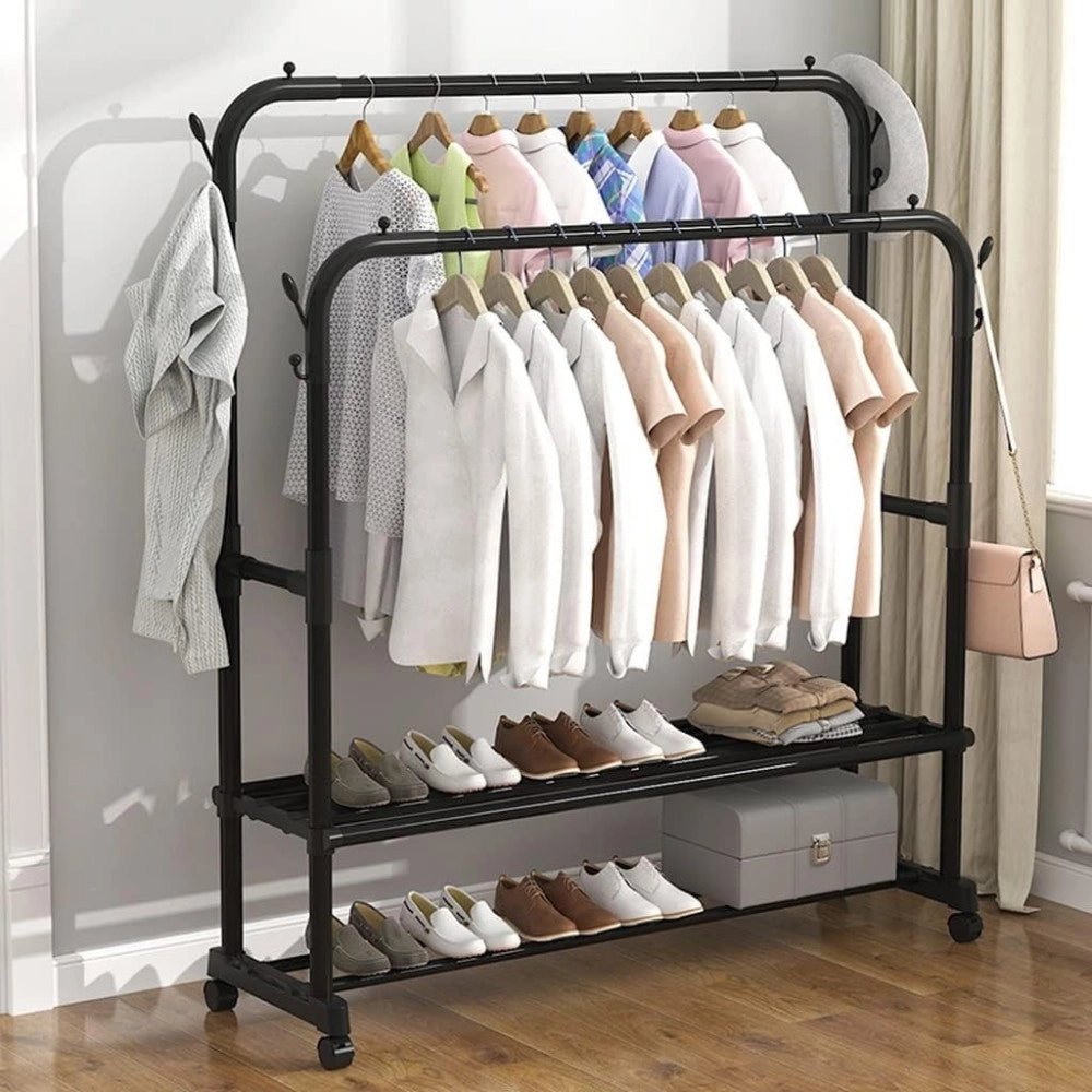 Trade Shop - Stand Appendiabiti Attaccapanni Abiti Stender Barra Doppio Con Ruote Freno Nero -