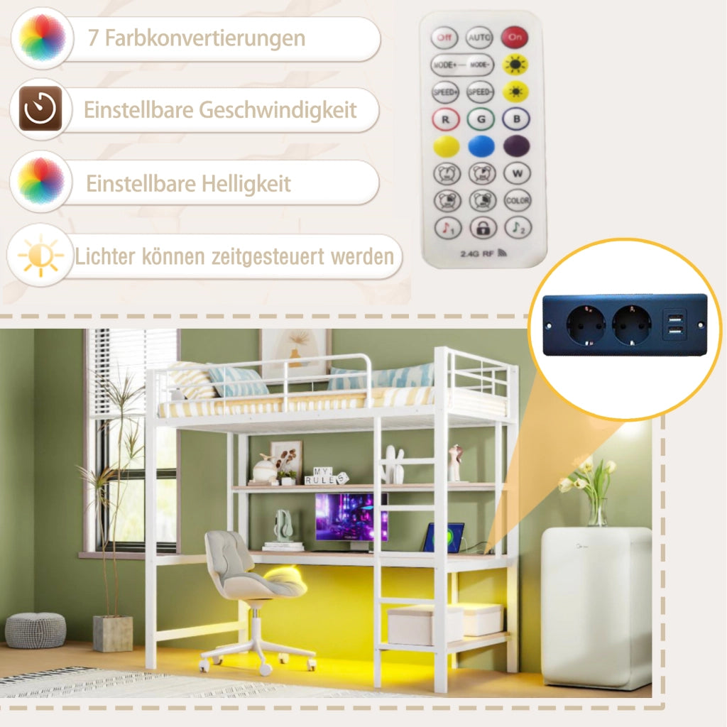 OKWISH Letto a soppalco 90×200 cm, Letto Singolo con Sponda, Scala, USB, Presa, LED Regolabile, Scrivania e Mensole, senza Materasso, Bianco