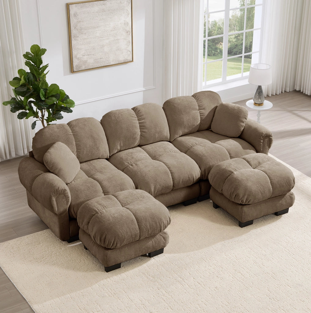 Divano modulare a U o L 260x149x90 cm in chenille marrone con pouf mobile