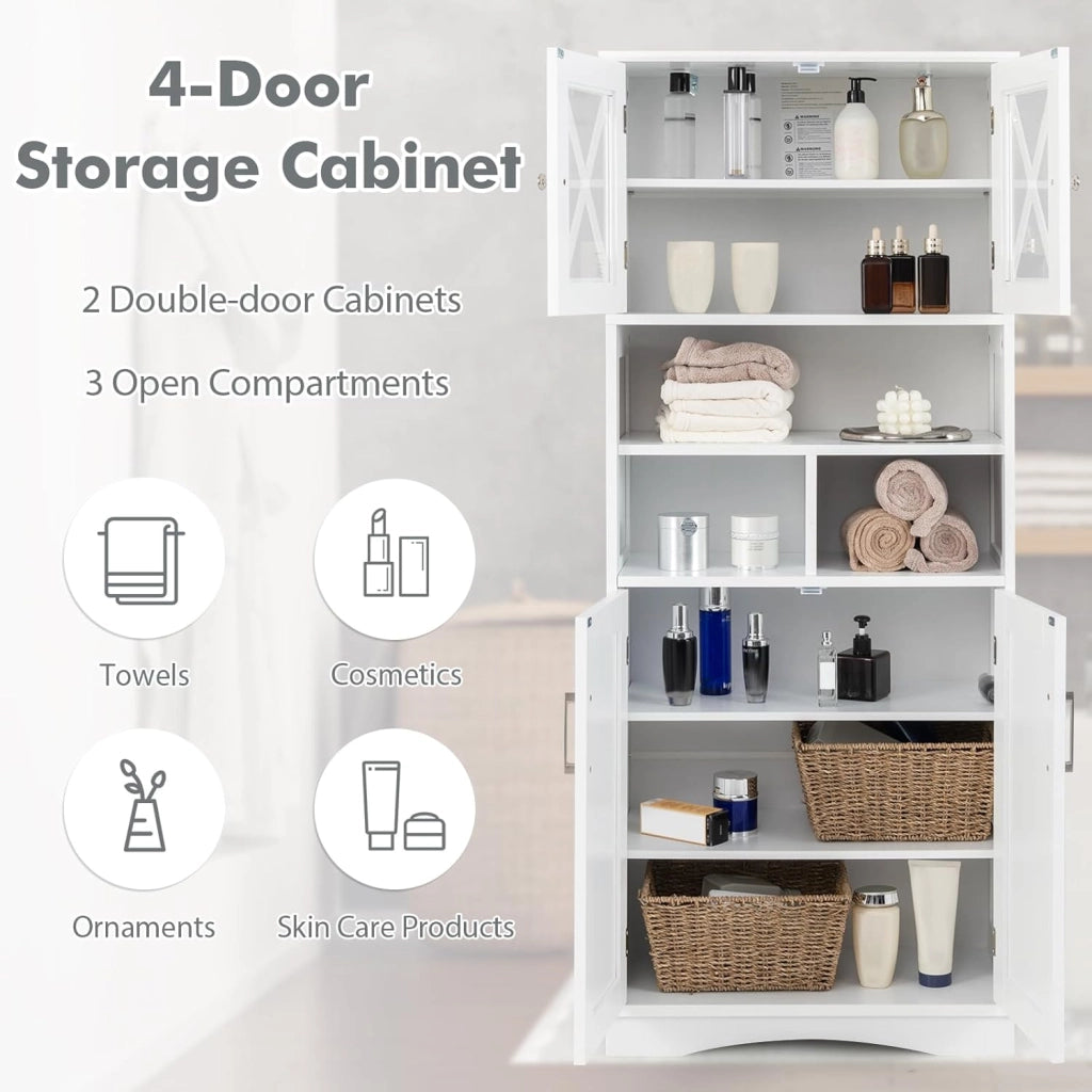 Armadietto da Bagno Slim con 4 Ante, Ripiano Regolabile e 3 Scomparti Aperti, Mobile Alto per Bagno e Soggiorno, Moderno，2 Colori
