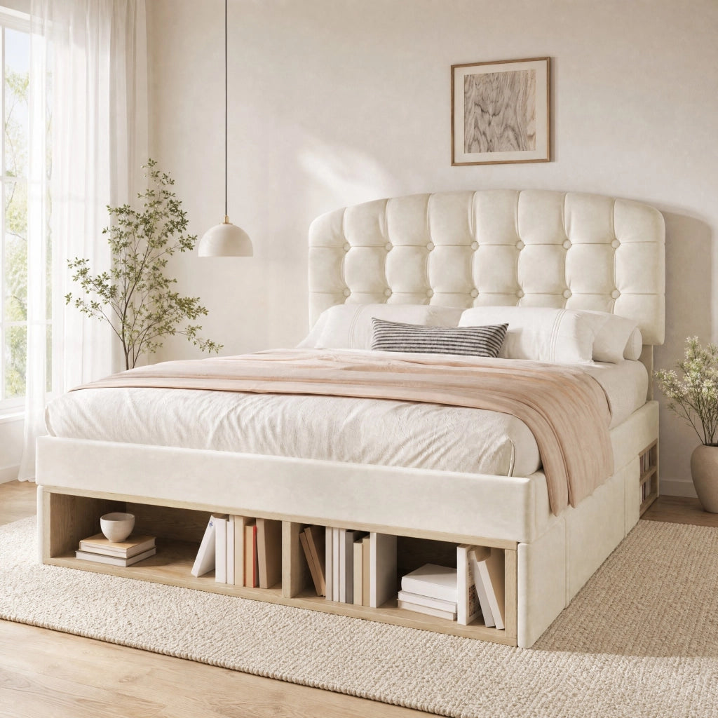 Letto matrimoniale 140x200 in velluto beige con testiera regolabile, cassetti e rete a doghe