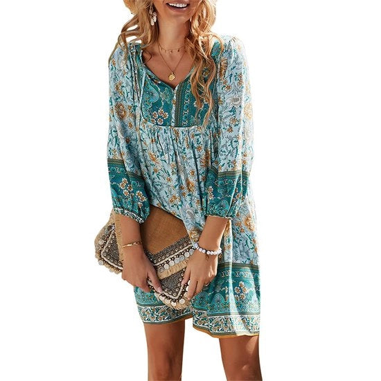 Tunica estiva bohemienne verde - M - Stampa fiorita - Abito da spiaggia vintage - Foderato e respirante poliestere - Donna - 1 pezzo