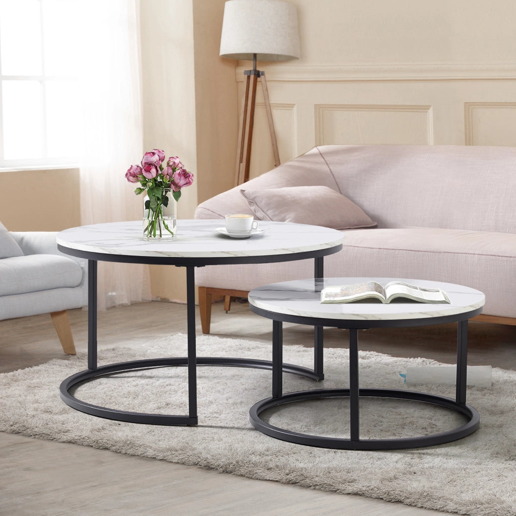 TAVOLINO DA CAFFÈ Set 2 Pezzi 80x45 cm Effetto Marmo Bianco con Struttura Nera