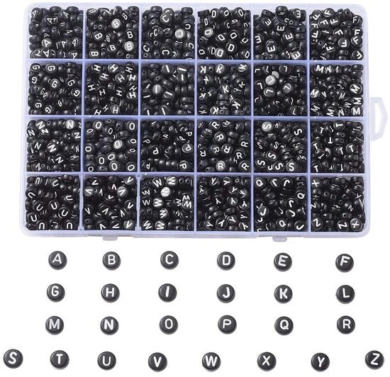 Alfabetale Catena in Acrilico Nero - 1776 Pezzi - Disco Ronde Piana - Per Creare Gioielli - Lettere in Catena - 7mm Dimensione - 22 Compartimenti