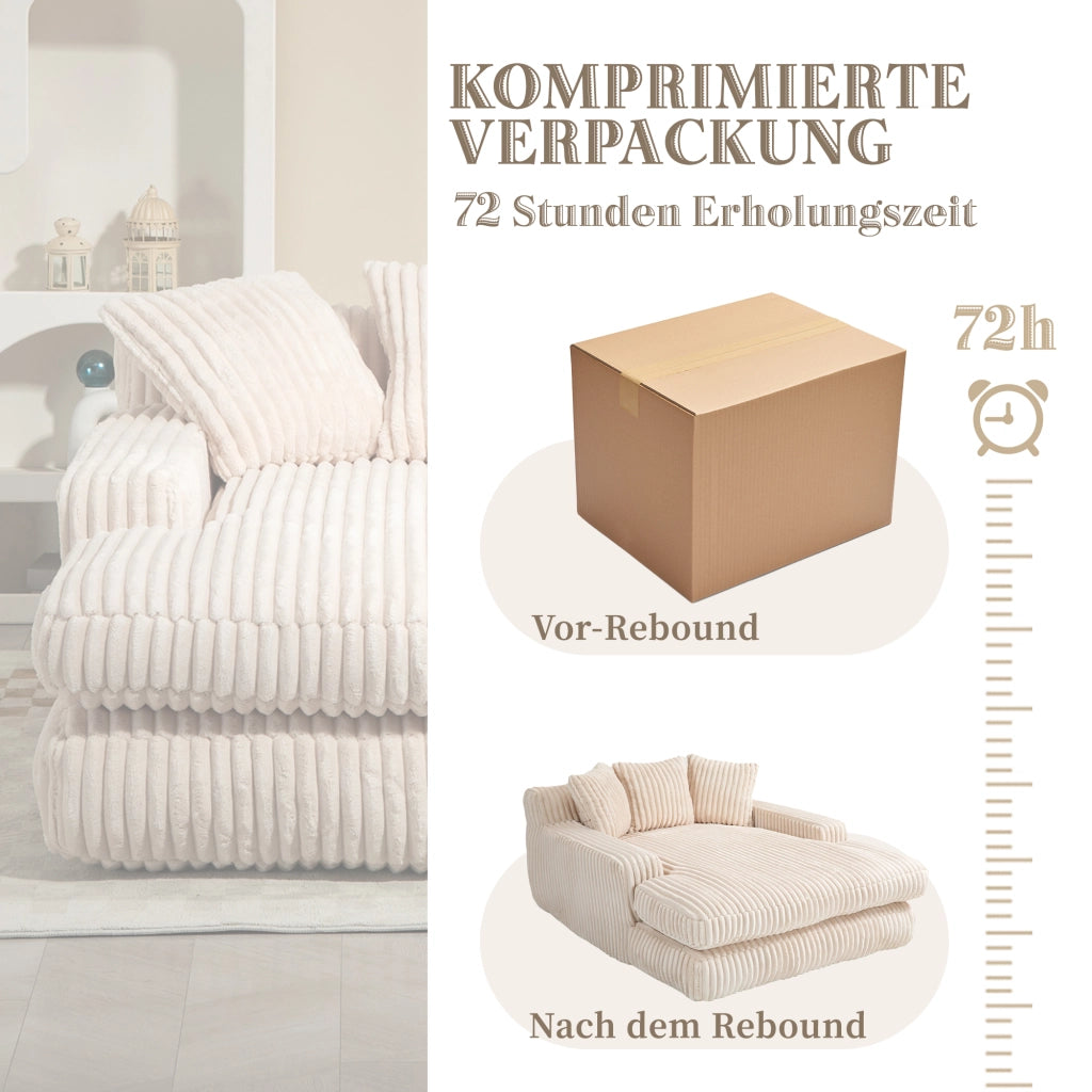 Méridienne Poltrona Pouf con Design Ergonomico e 3 Cuscini, in Velluto a Coste Beige 125 × 155 × 63 cm