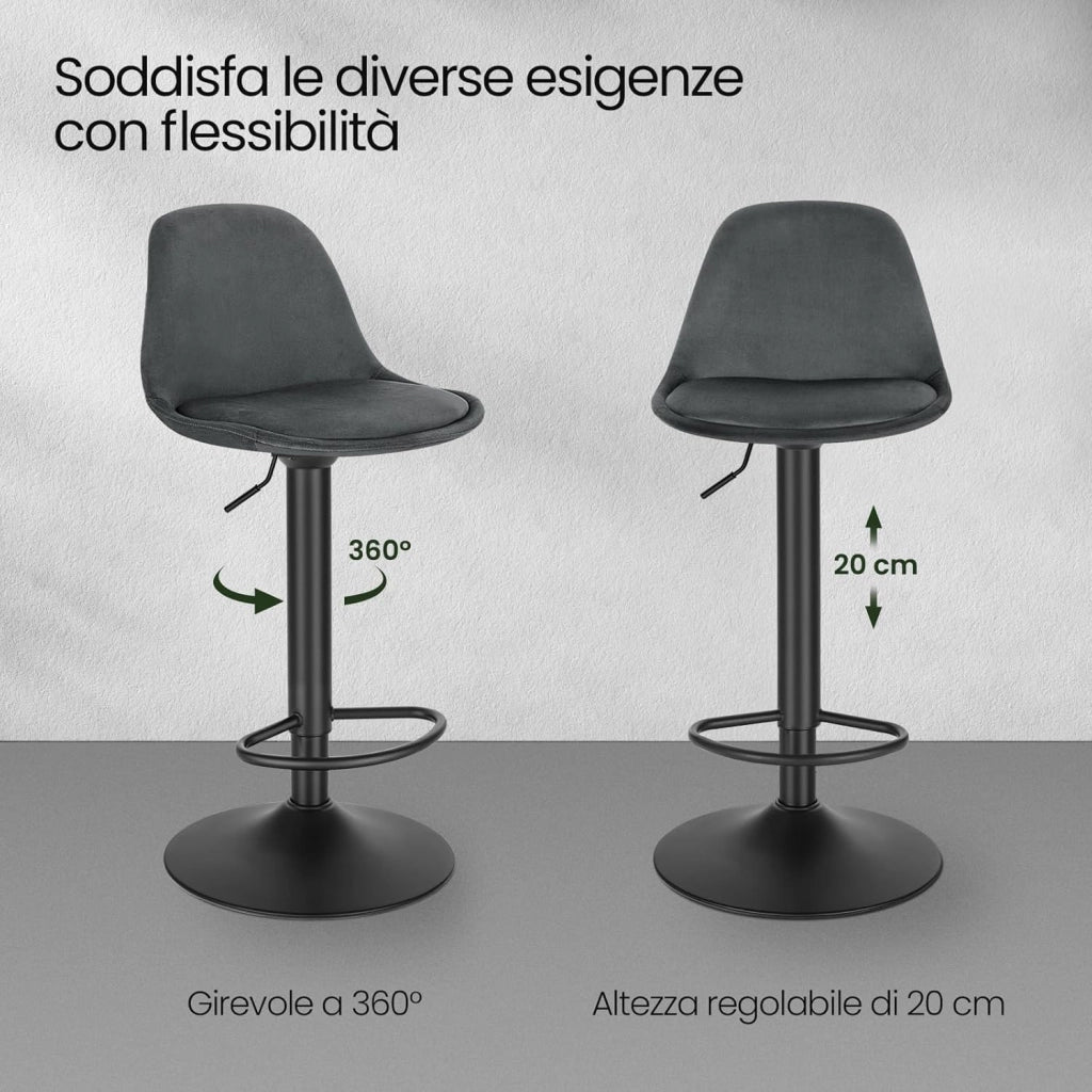 Sgabello da Cucina Moderno, Sedia Alta da Bar Regolabile in Altezza, Sgabello Imbottito Girevole con Schienale e Poggiapiedi, Grigio Scuro, 1051BY-1