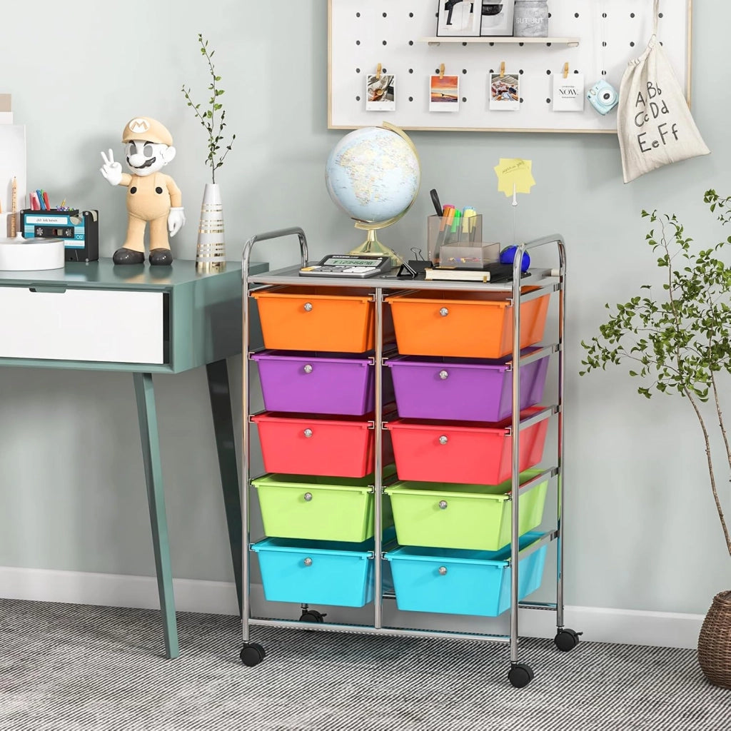 Carrello con 10 cassetti, impilabile, carrello per cassetti, carrello da cucina con ruote bloccabili, carrello per cucina, bagno, ufficio, 65,5 x 37 x 87 cm, colorato