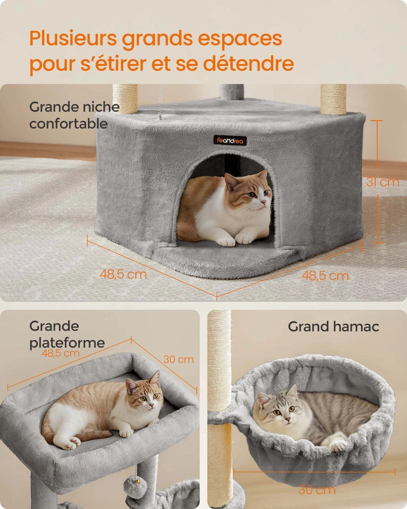 Tiragraffi 48,5 x 48,5 x 140,7 cm torre gioco per gatti con grotta per gatti grandi piattaforme palline di peluche amaca grigio 12_0008010