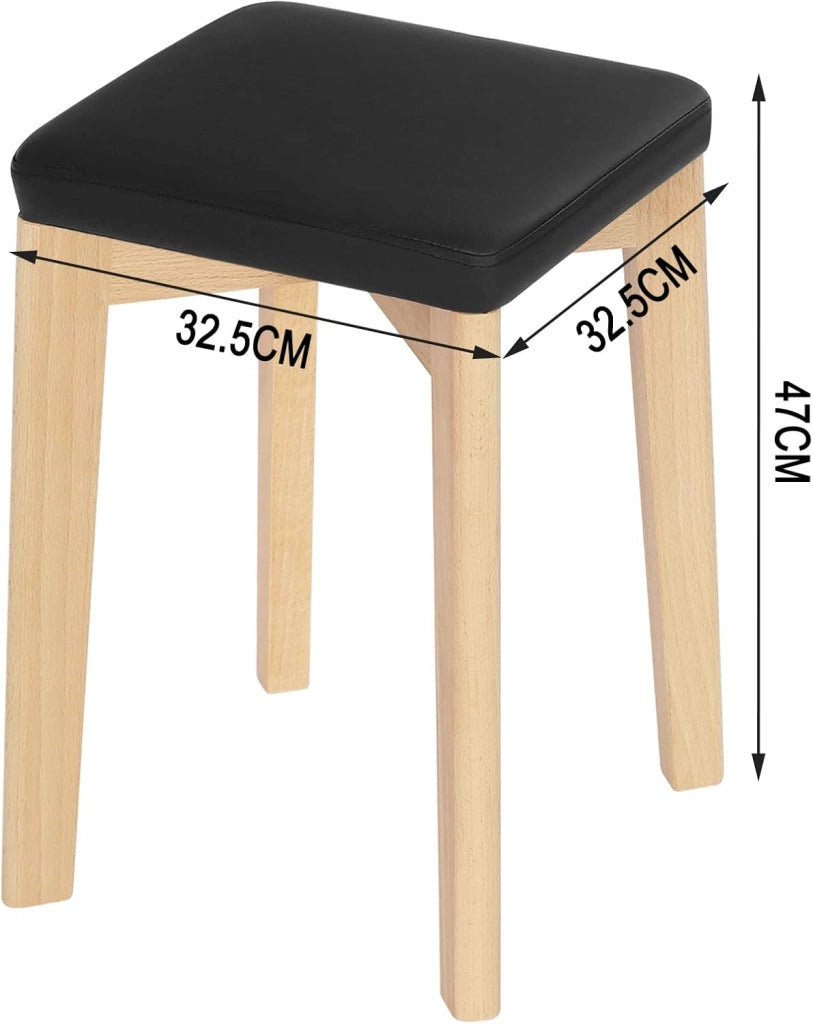 Sedie per Sala da Pranzo, Sgabelli in Legno Massiccio con Seduta Imbottita e Rivestita in PU, Sgabelli da Cucina Moderno Salvaspazio, 32,5x32,5x47cm, Colore Legno e Nero BH345sz-4