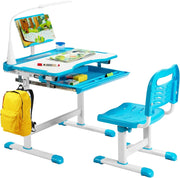 Set Scrivania e Sedia per Bambini, Tavolo Regolabile in Altezza con Piano Inclinabile 45° e Luce LED 3 Modalità, Tavolo e Sedia Ergonomica in Materiali Sicuri per 4+ Anni (Blu)