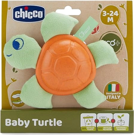 Chicco Peluche Baby Tartaruga ECO+, Trillino in Tessuto, Plastica e Poliestere Riciclato, Stimolazione Tattile, Gioco Ba