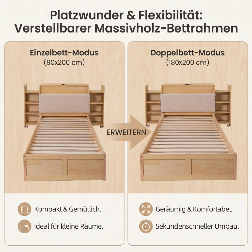 Letto estraibile 90 × 200 cm e 180 × 200 cm con ripiani laterali, presa USB et contenitore testiera, senza materasso, in legno ingegnerizzato, naturale