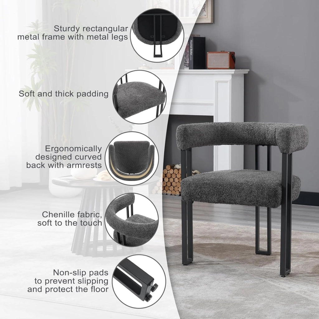 Set 2 Sedie Sala da Pranzo, Sedie da Cucina con Braccioli, Sedia da Pranzo con Gambe in Metallo, Sedia Imbottita per Camera da Letto, Soggiorno, Seduta in Ciniglia, Grigio Scuro, EZS25dgr-2