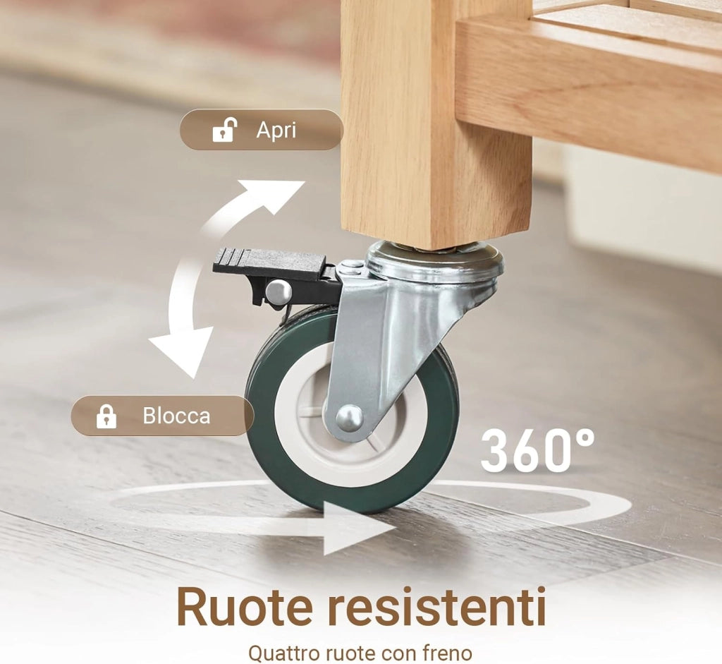 Carrello da Cucina con Ruote, Mobile Cucina Salvaspazio in Legno Massiccio di Hevea – Mobile Soggiorno Credenza con 2 Cassetti e 2 Ripiani 80x40x90 cm FKW24-II-N