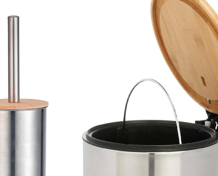 Kit da Bagno Pattumiera 3lt e Porta Scopino Acciaio Bambù