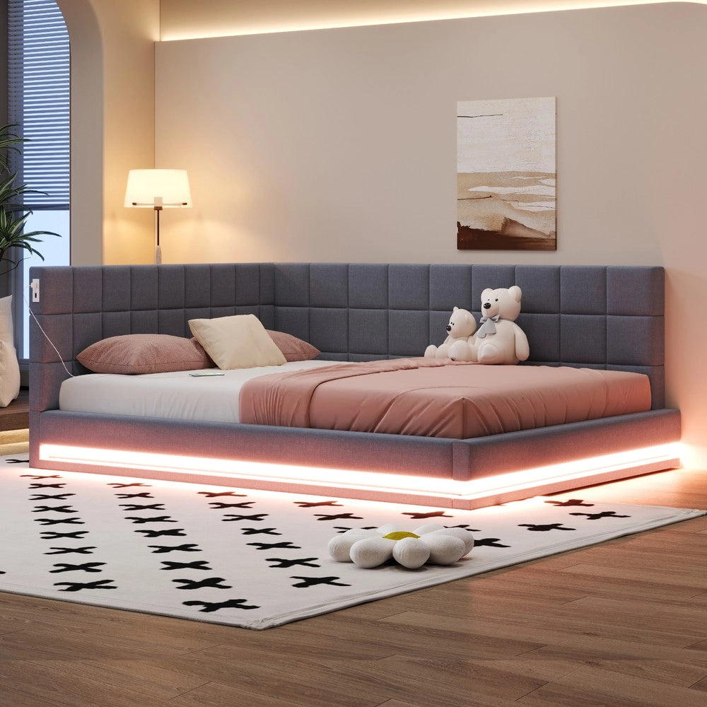 Letto Imbottito con LED, USB e Rete a Doghe ¨C MINIMAL ¨C Tessuto Grigio 160x200