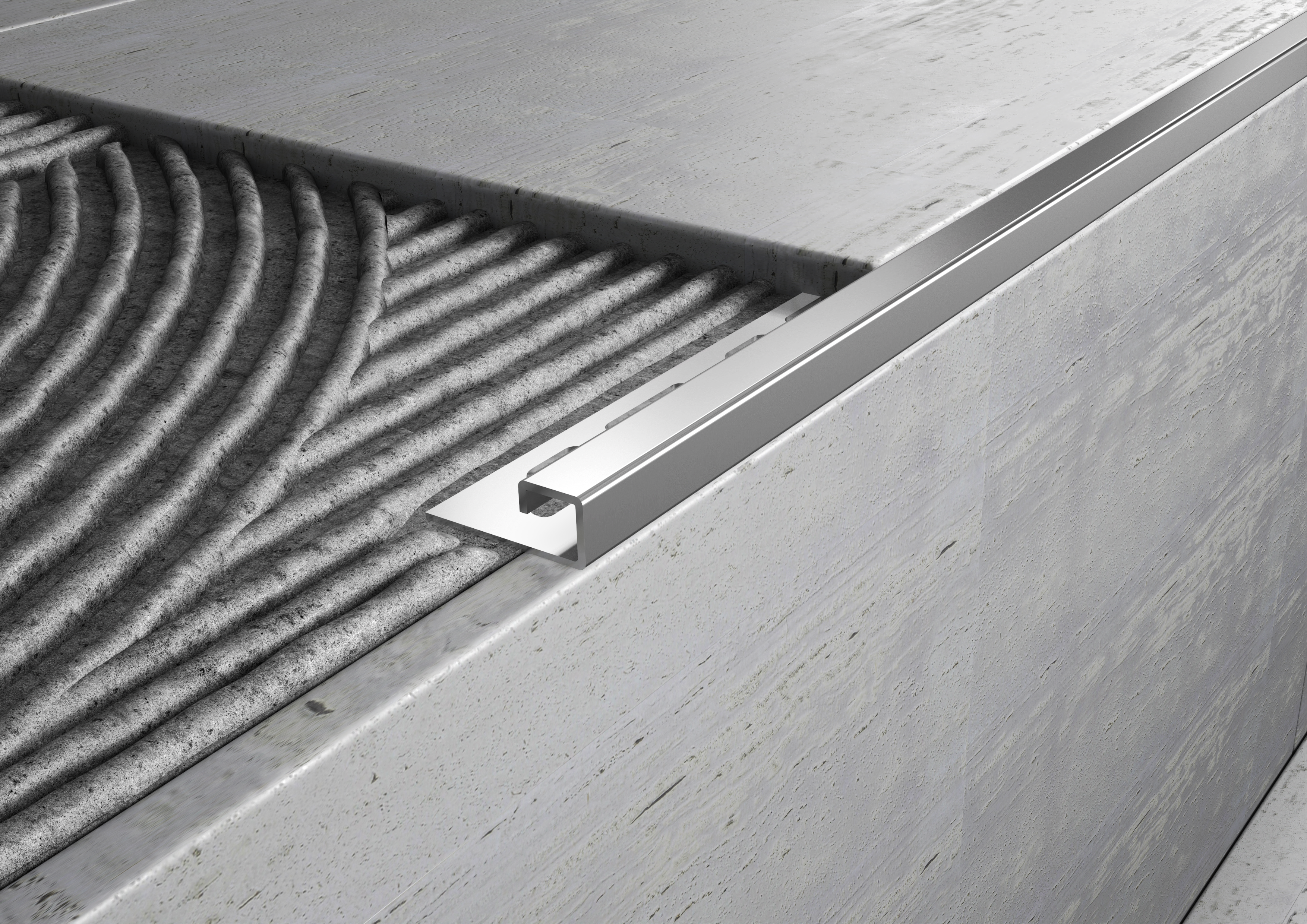 Profili in ACCIAIO sezione quadra per gradini. Barra 2.5 m SPESSORE ACCIAIO: MM 1, FINITURA: Lucido, SPESSORE PER MATTONELLA: MM 8