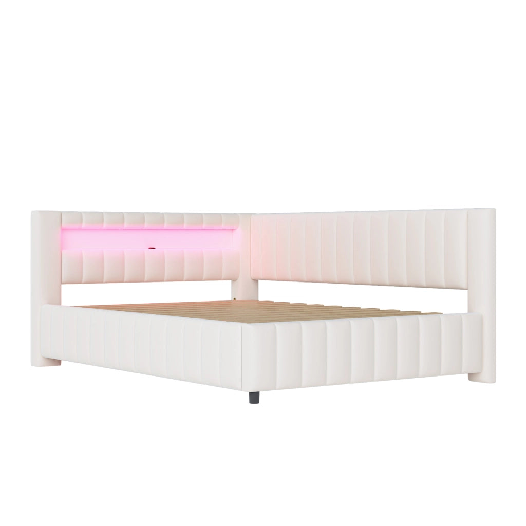 Divano letto angolare imbottito in velluto 140x200 cm con LED; USB e testiera Beige