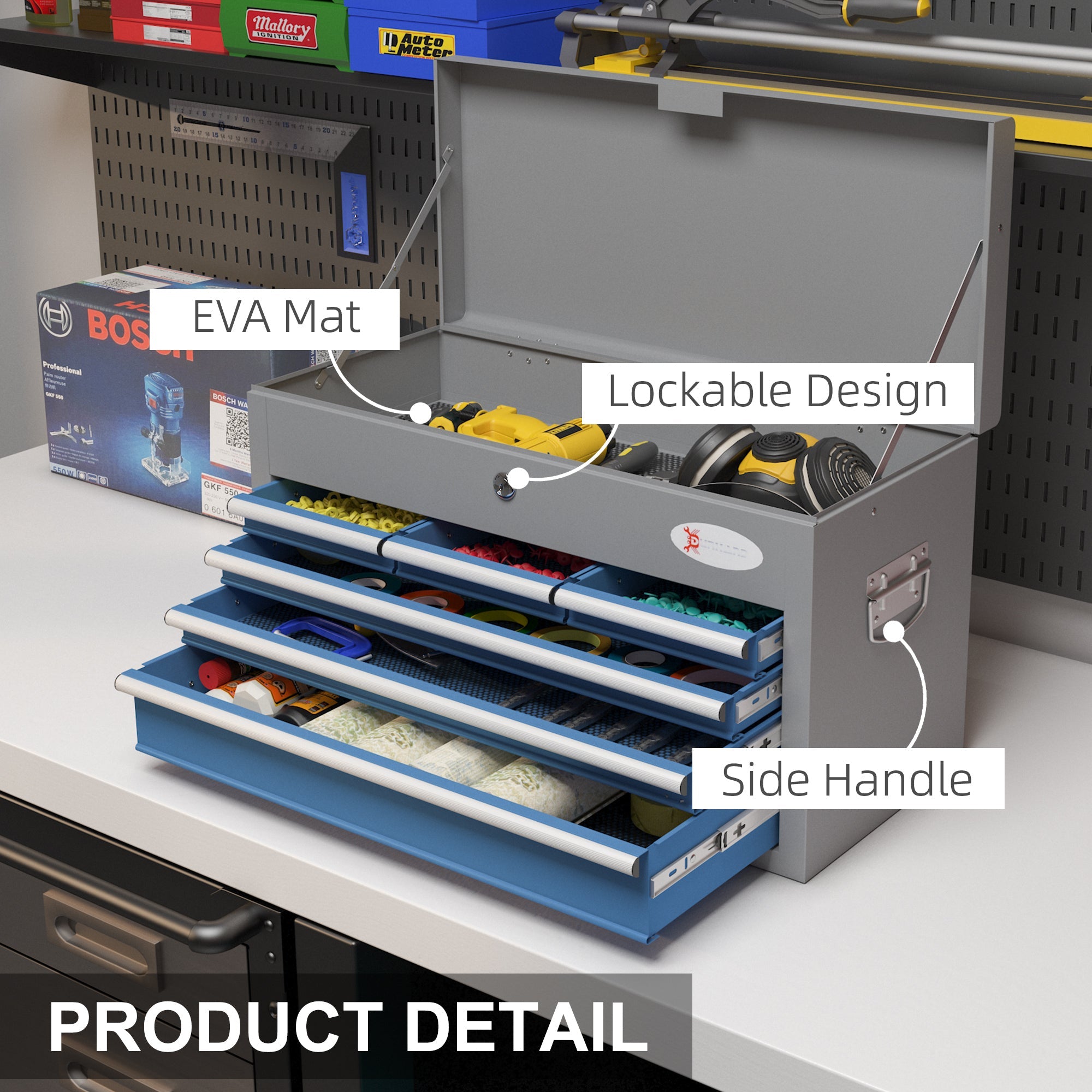 Cassetta Attrezzi con 6 Cassetti un Bauletto e 2 Chiavi 60x26x34 cm in Acciaio Blu