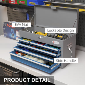 Cassetta Attrezzi con 6 Cassetti un Bauletto e 2 Chiavi 60x26x34 cm in Acciaio Blu