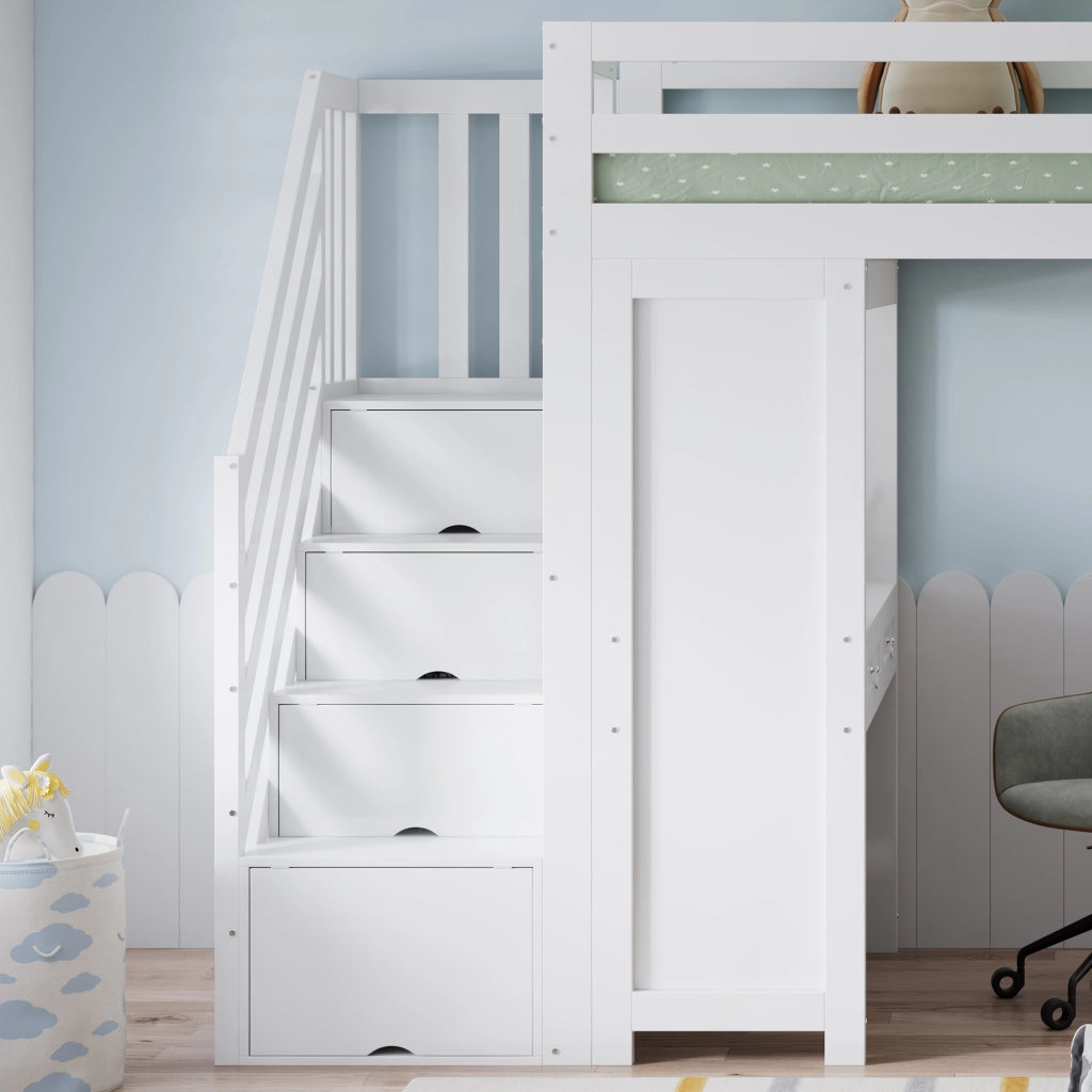 LETTO a soppalco multifunzione 90x200 cm bianco con scrivania e cassetti