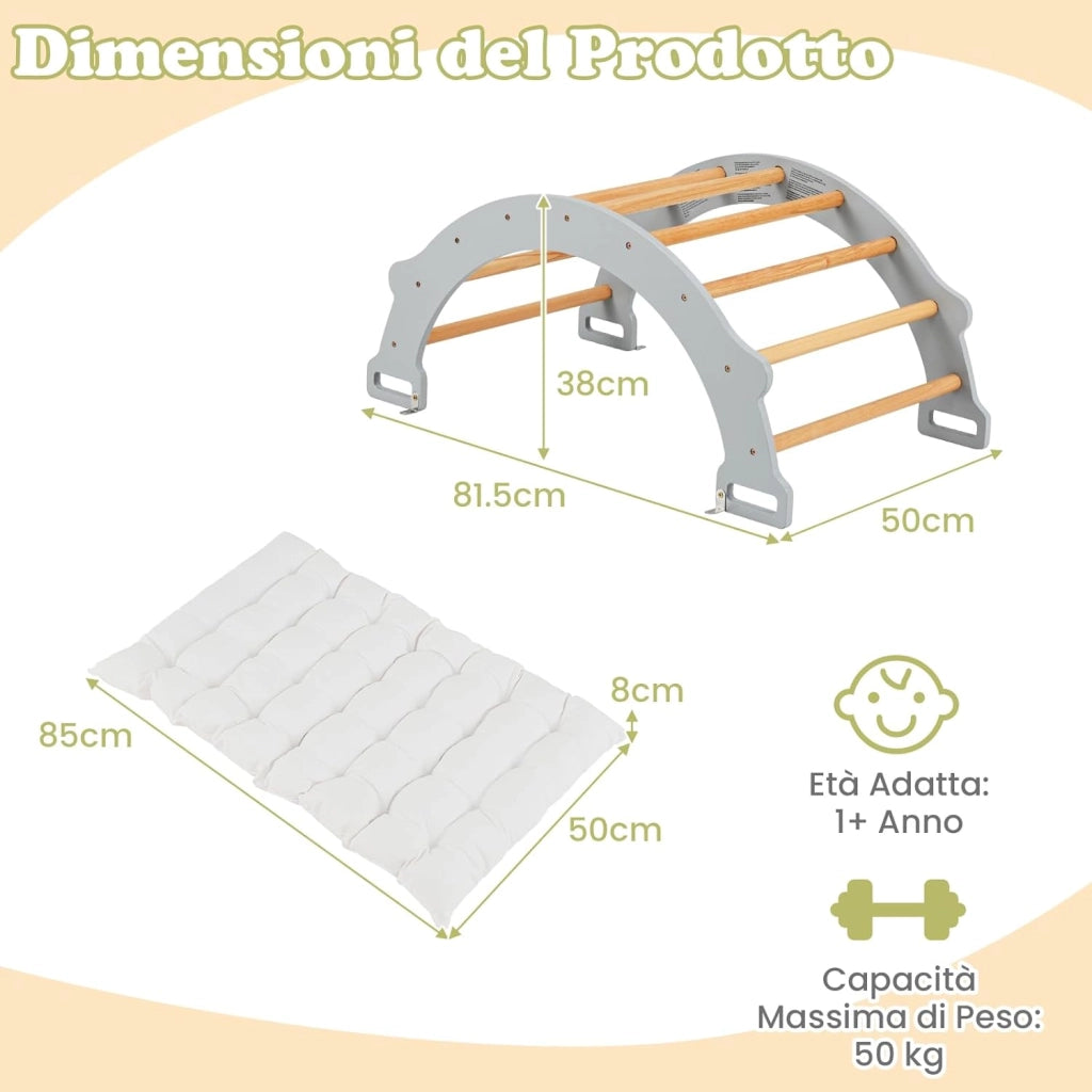 Arco da Arrampicata per Bambini, 2 in 1 Altalena ad Arco in Legno con Cuscino Morbido e Doppia Faccia, Ideale per Bambini 1+ Anni (Grigio)