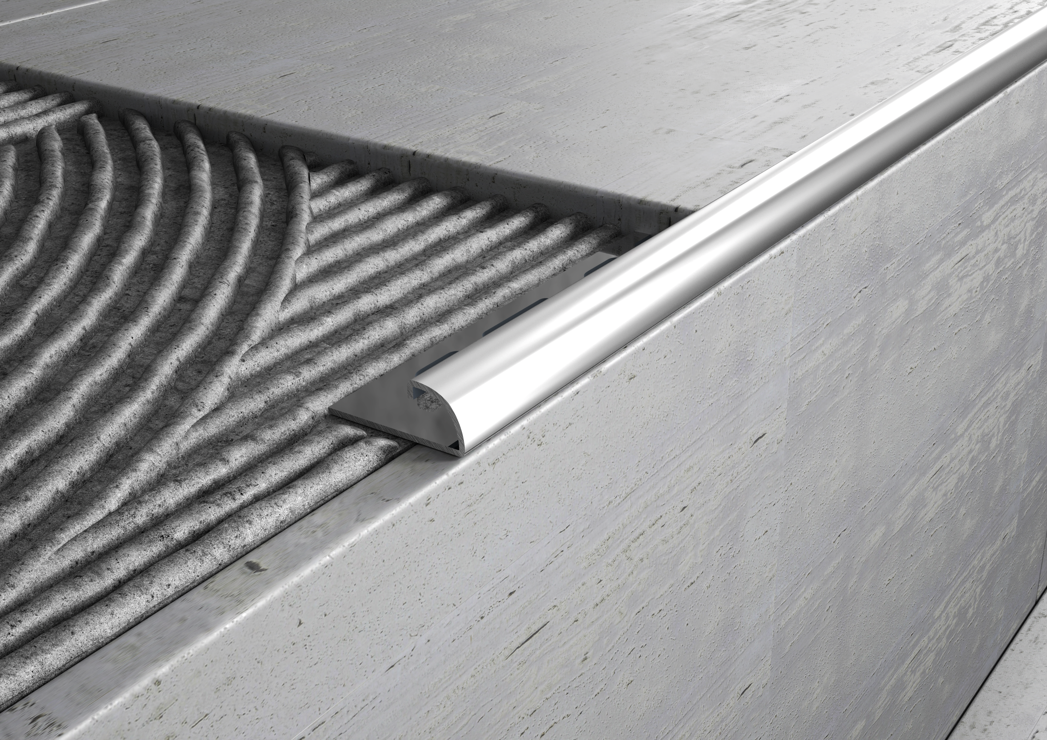 Profili in ACCIAIO sezione tonda per gradini. Barra 2.5 m SPESSORE PER MATTONELLA: MM 8, SPESSORE ACCIAIO: MM 1, FINITURA: Opaco