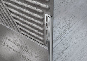 Profilo ACCIAIO angolare quadro per piastrelle. Barra 2.5 M FINITURA: Spazzolato, SPESSORE PER MATTONELLA: MM 10, Spessore Acciaio Aisi 304: 0.8 mm