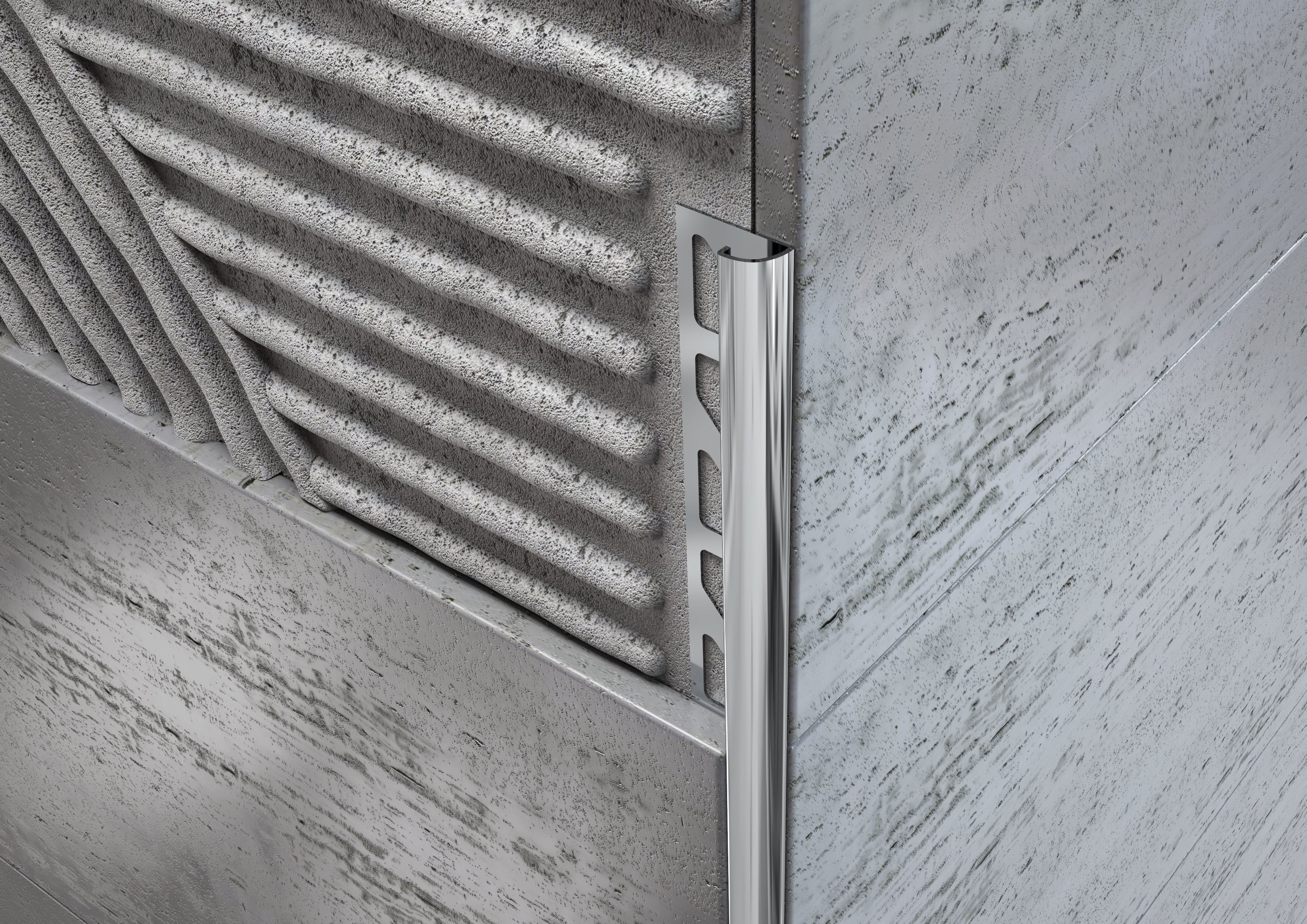 Profilo ACCIAIO angolo tondo per piastrelle. Barra 2.5 M FINITURA: Lucido, SPESSORE PER MATTONELLA: 8 mm, Spessore Acciaio Aisi 304: 0.6 mm