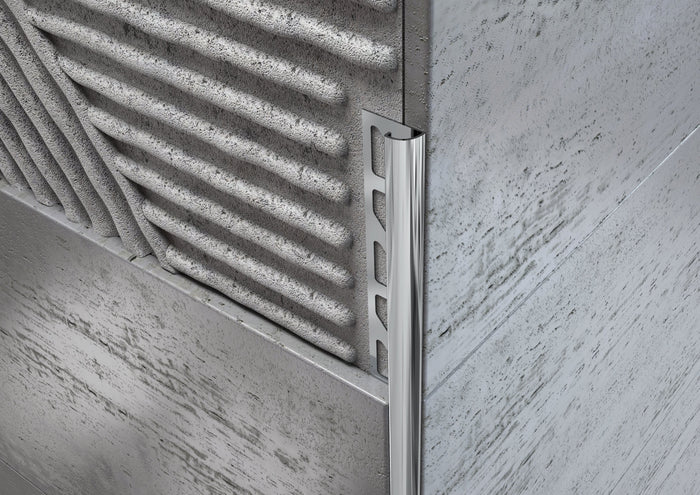 Profilo ACCIAIO angolo tondo per piastrelle. Barra 2.5 M FINITURA: Lucido, SPESSORE PER MATTONELLA: 8 mm, Spessore Acciaio Aisi 304: 0.6 mm