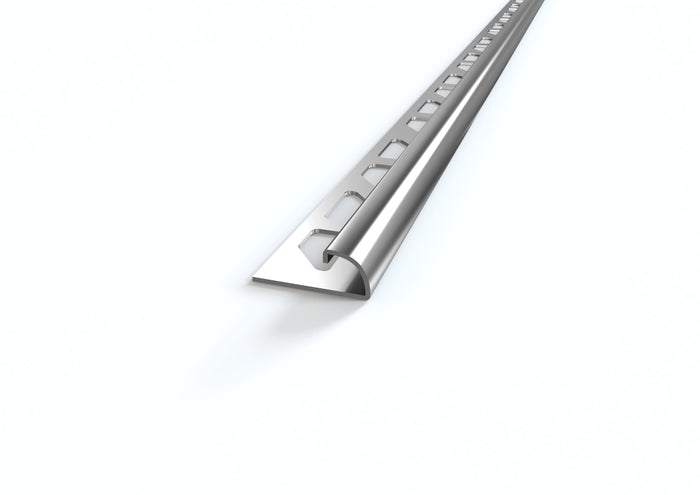 Profilo ACCIAIO angolo tondo per piastrelle. Barra 2.5 M Spessore Acciaio Aisi 304: 0.8 mm, SPESSORE PER MATTONELLA: 8 mm, FINITURA: Spazzolato