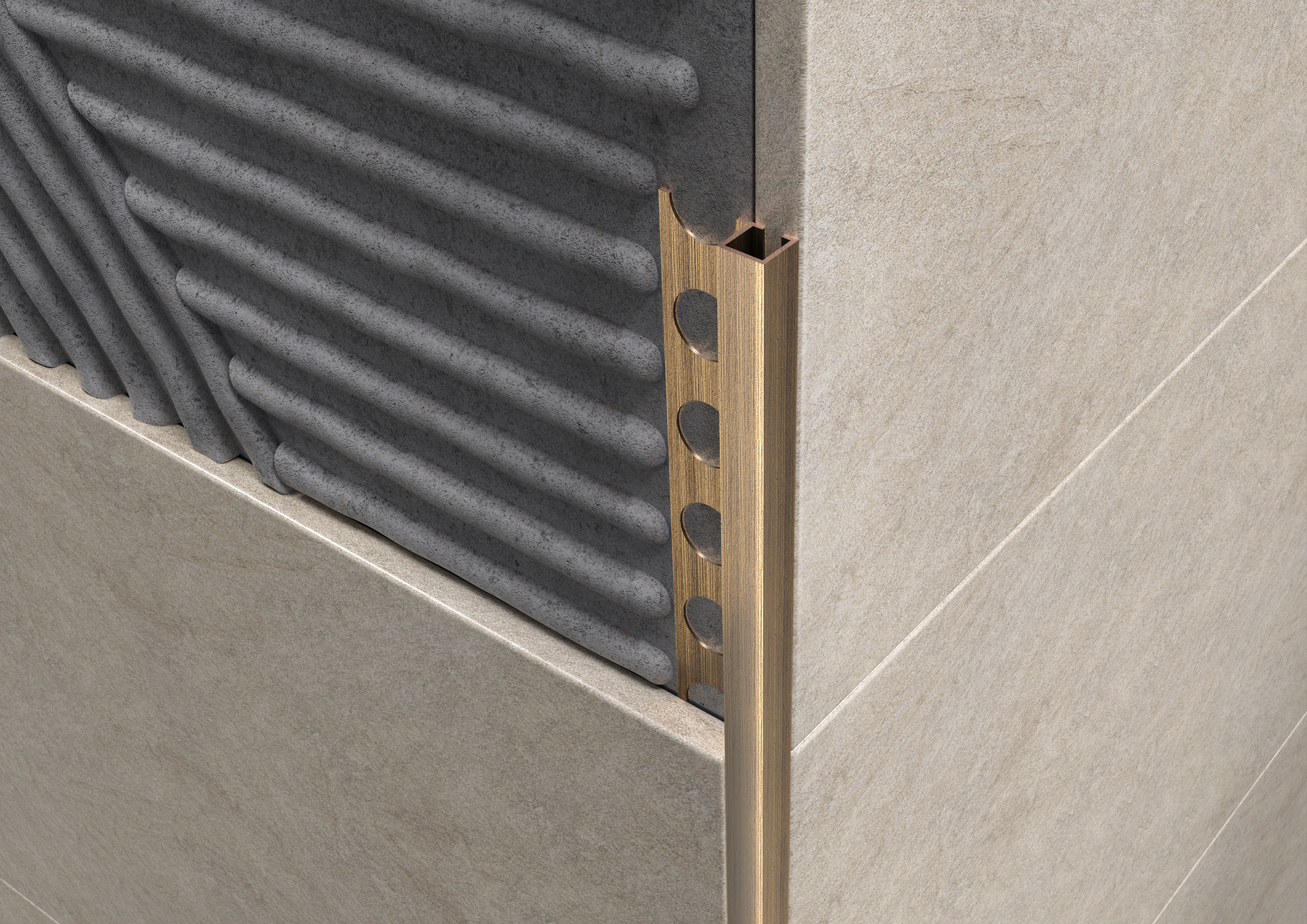 Profilo angolo quadro in OTTONE oro antico. Barra 2.5 M Spessore mattonella: mm 10, FINITURA: Spazzolato oro antico