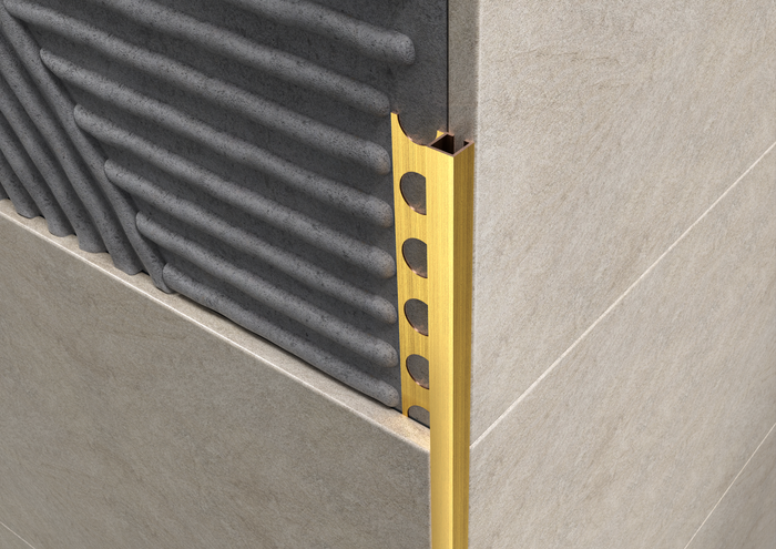 Profilo angolo quadro in OTTONE spazzolato. Barra 2.5 M Spessore mattonella: mm 10, FINITURA: Spazzolato ottone