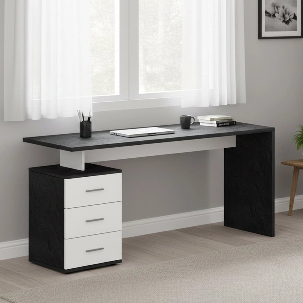 Scrivania Abisse, Scrittoio lineare, Scrivania ufficio multiuso, Scrivania salvaspazio multi posizione, 160x60h75 cm, Bianco e Ardesia