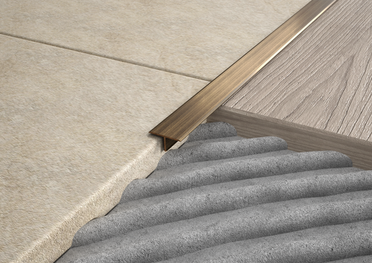 Profilo listello a "T" in OTTONE oro antico. Barra 2.5 M Misura: MM 10, FINITURA: Spazzolato oro antico