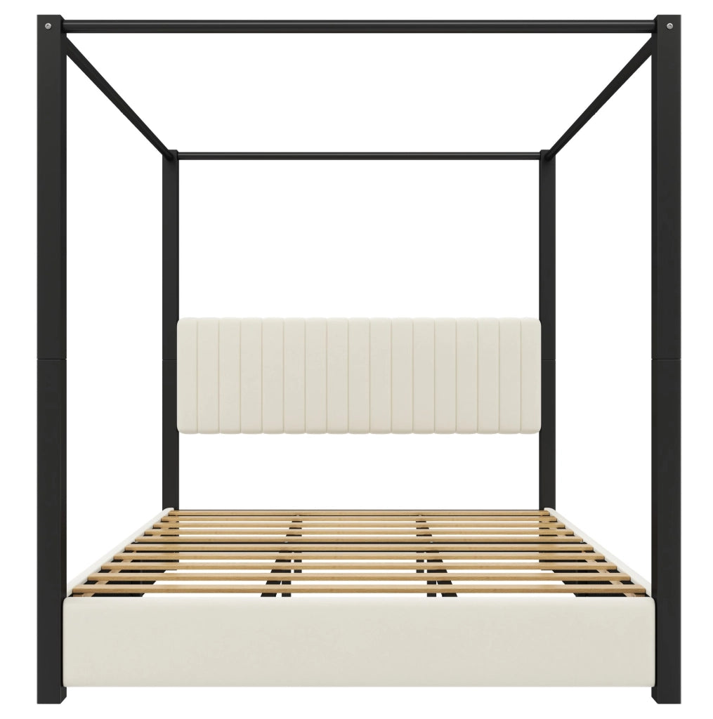 Letto a baldacchino 180x200 cm con testiera in velluto MDF e metallo beige e nero