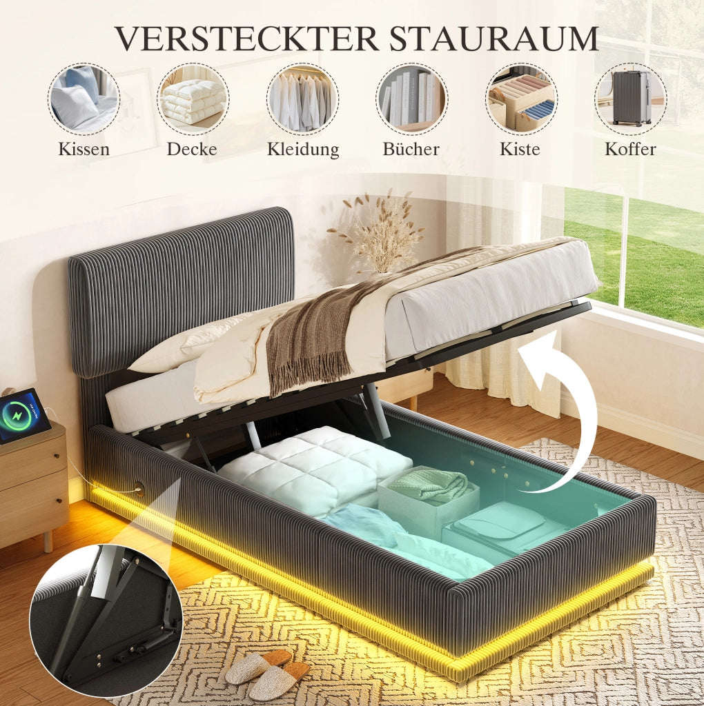 Letto imbottito 90x200 cm grigio scuro con LED e USB-C