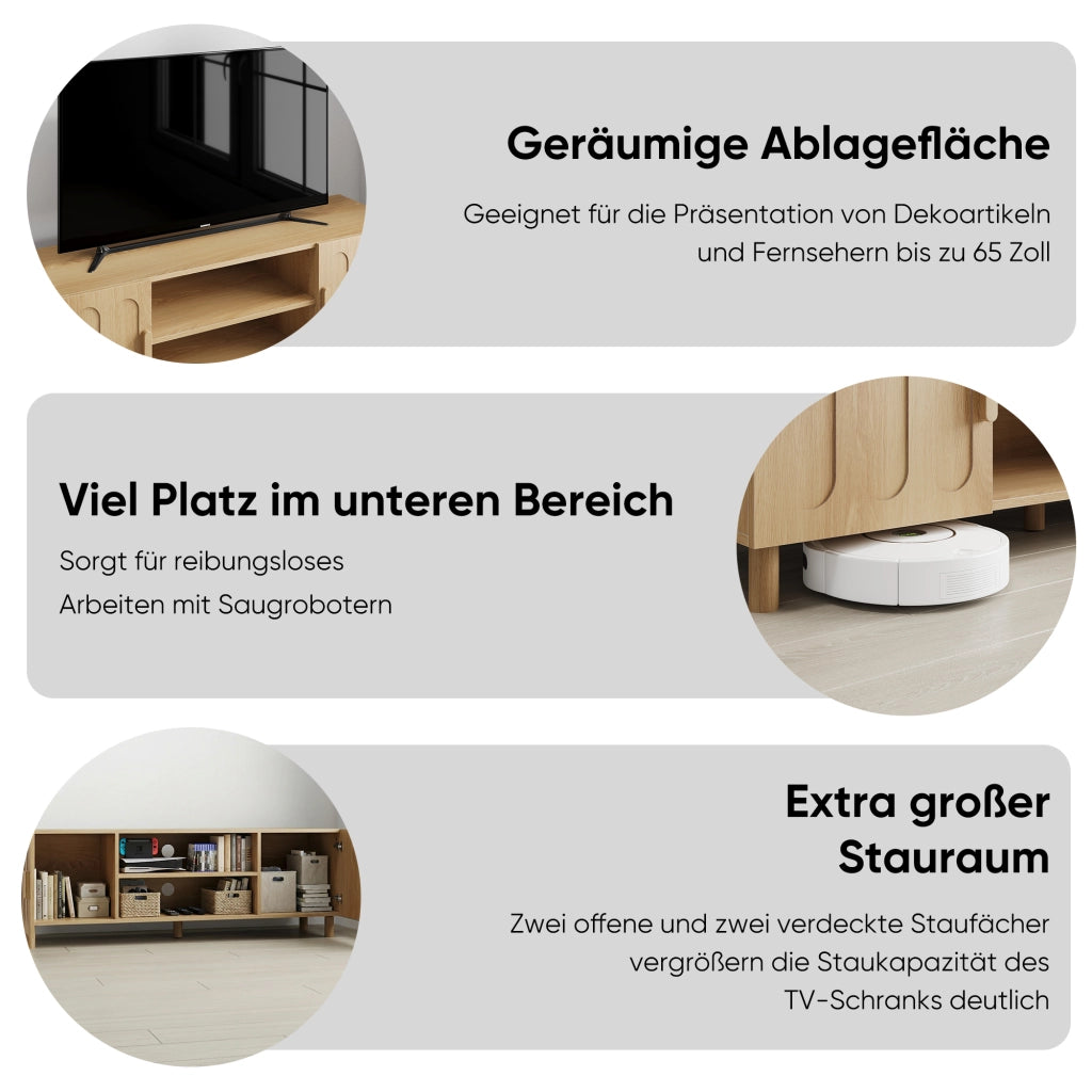 Mobile porta TV con ante e passacavi, maniglie in legno, stile rustico moderno per soggiorno, in MDF, rovere, 140 × 40 × 48 cm